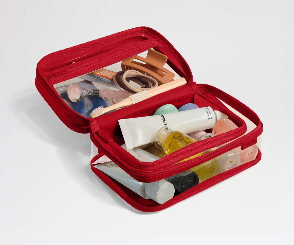 Clear Toiletry Bag in Clear/Cherry Red